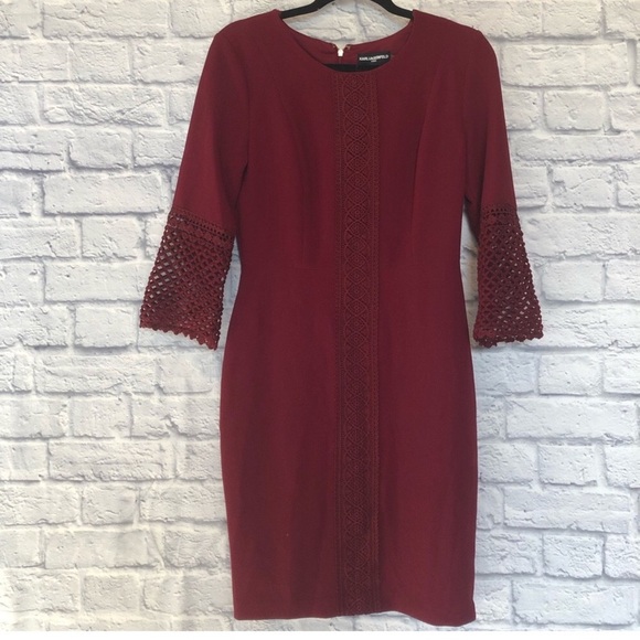 Karl Lagerfeld Wine Red Eyelet Detailed Lined Sheath Dress - Picture 3 of 13